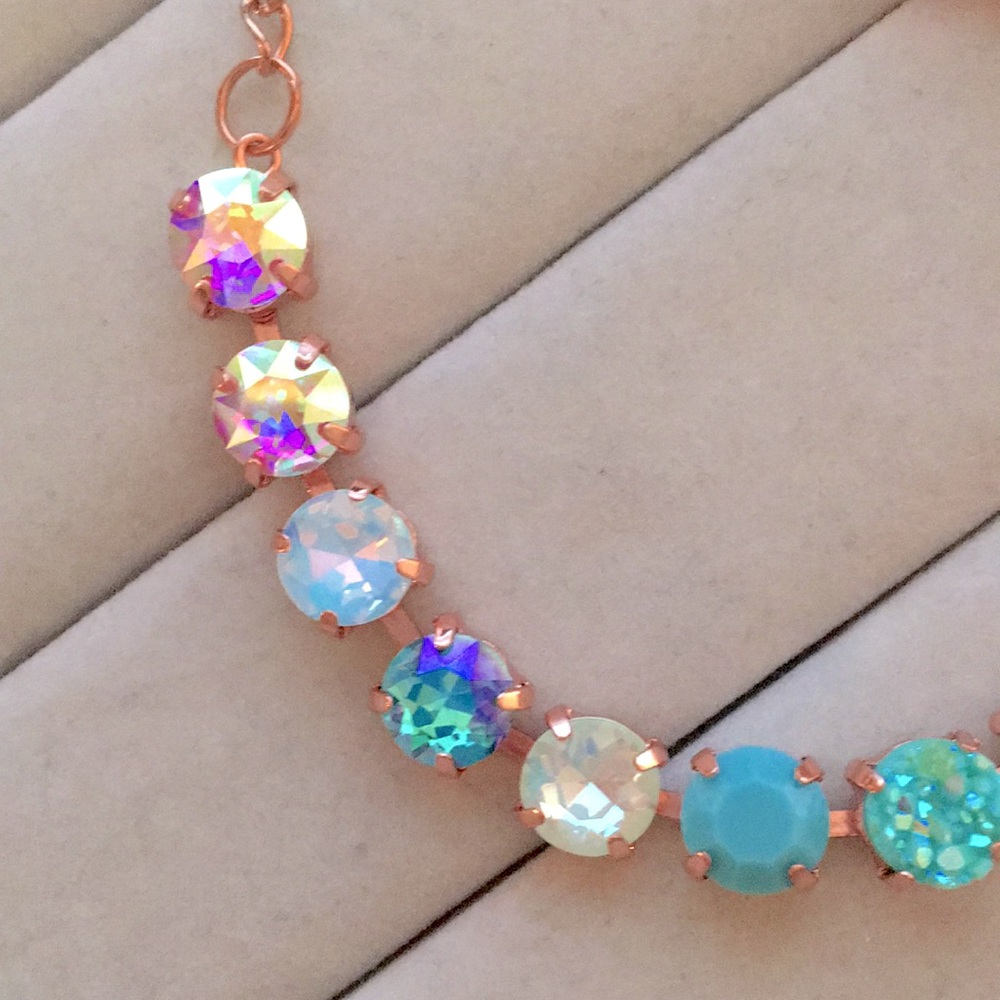 Iridescent Turquoise + Purple Opal Ombre Rose Gold Crystal Tennis Bracelet - Picture 5 of 10